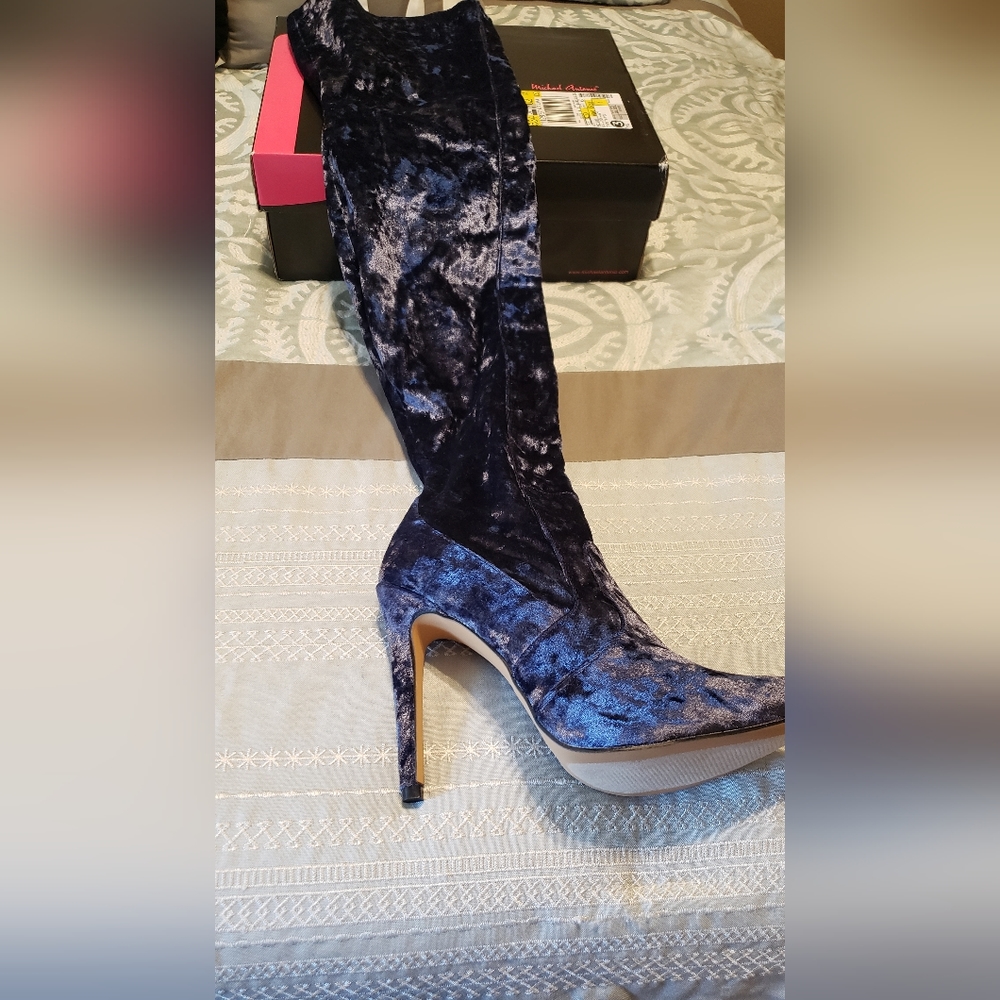 Michael Antonio Trinity Velvet over the knee boot in Navy.